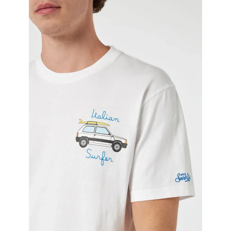 MC2 Saint Barth Panda T-shirt With Print And Surf Embroidery In White Special Edition