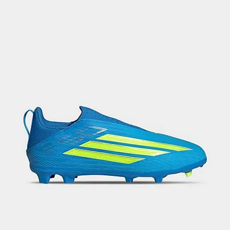 adidas Big Kids F50 League Laceless Firm Ground and Multi Ground Soccer Cleats in Lucid Ray Blue/Team Solar Yellow/Lucid Aquamarine Size: 1.0