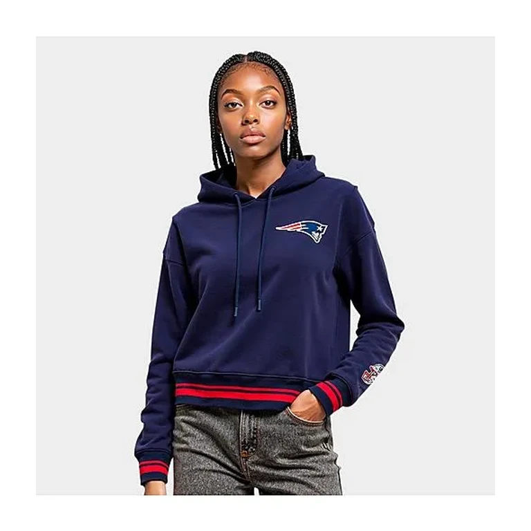 Pro Standard Women's New England Patriots NFL Mashup Rib Cropped Pullover Hoodie in Midnight Navy/Red/Midnight Navy Size: XS