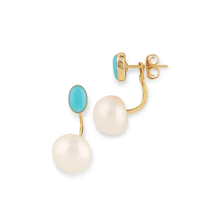Turquoise & Cultured Freshwater Pearl Front to Back Earrings in 14K Yellow Gold