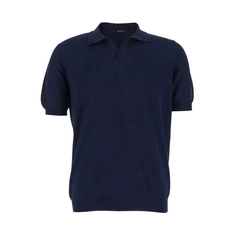 Tagliatore Blue Polo Shirt With Open Collar Without Buttons In Cotton For Men