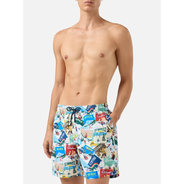 Mc2 Saint Barth Mid-Length Gustavia Swim-Shorts With Postcards Print White Swimshort - Men