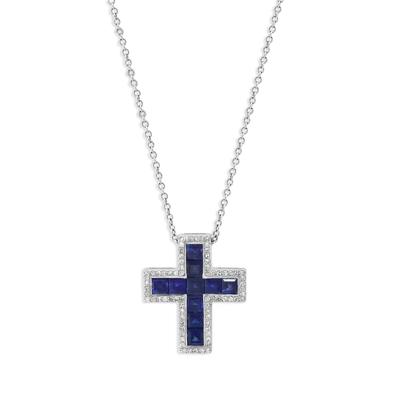 Sapphire and Diamond Cross Pendant Necklace in 14K White Gold, 18