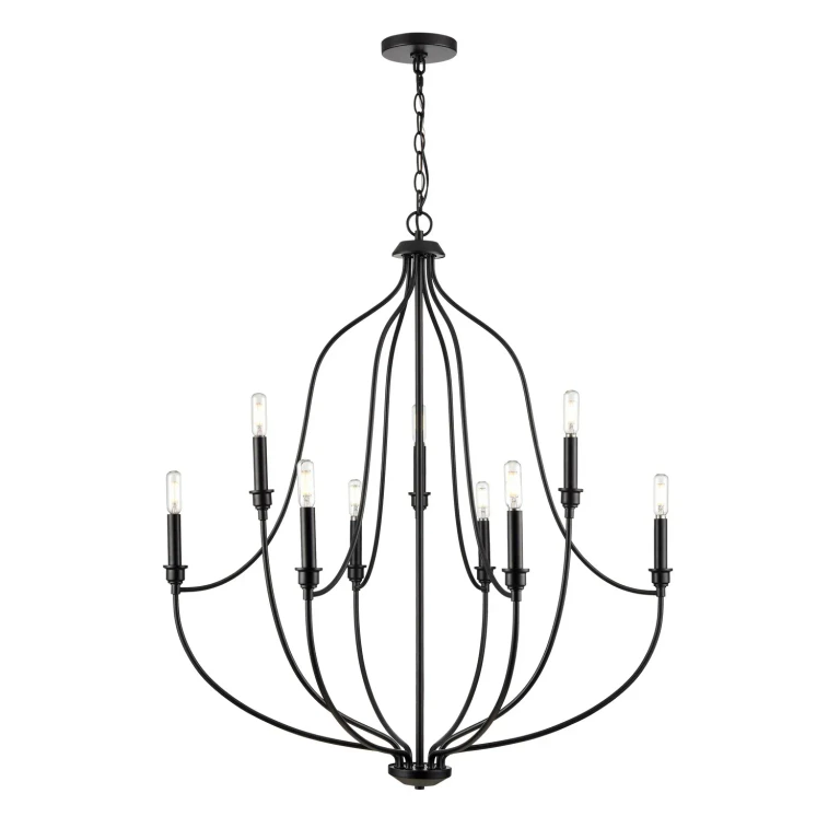 Matte Black Nine Light Chandelier from the Senoia Collection