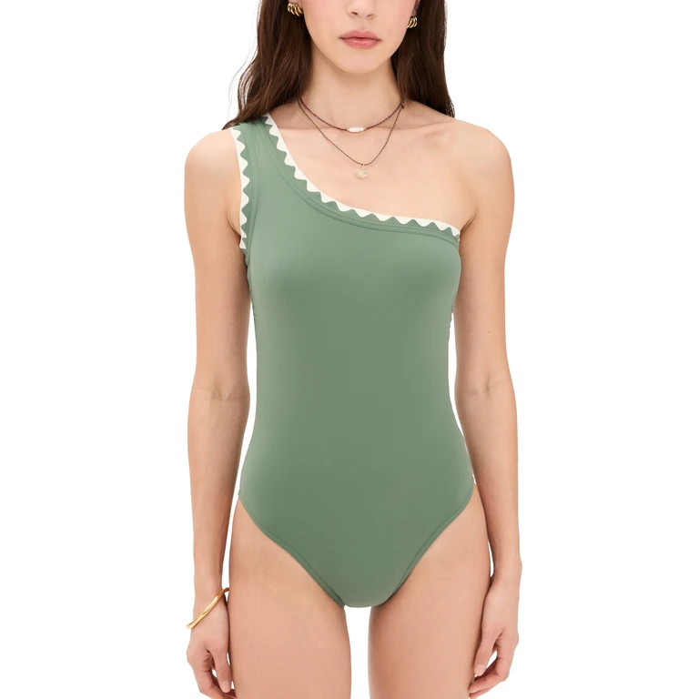 Karla Colletto Lia One Shoulder One Piece with Shelf Bra Lichen/Cream 14