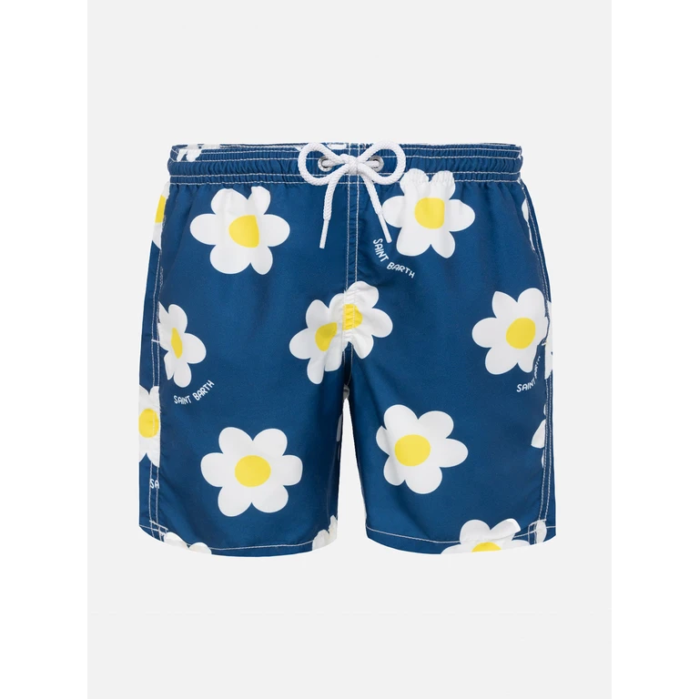Mc2 Saint Barth Boy Swim Shorts With Daisy Print Blue Swimshort