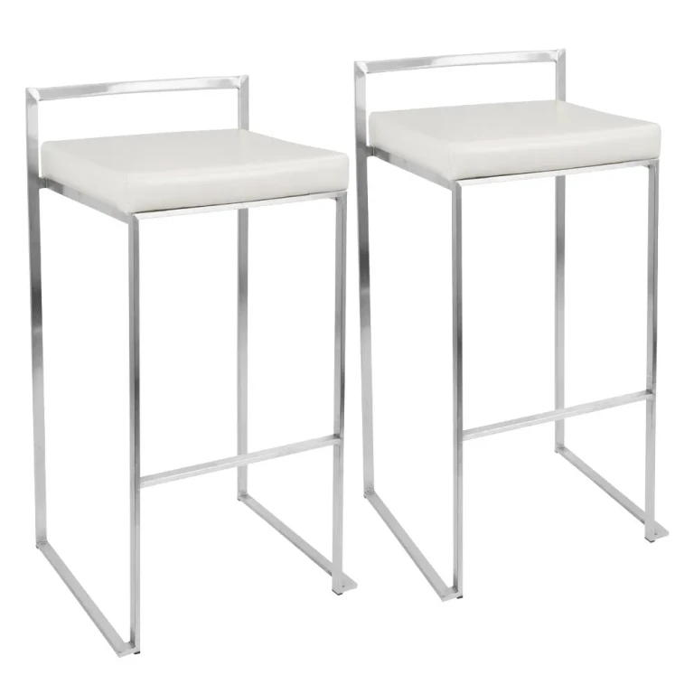 Fuji Low Back Stainless & White Faux Leather Barstools, Set of 2