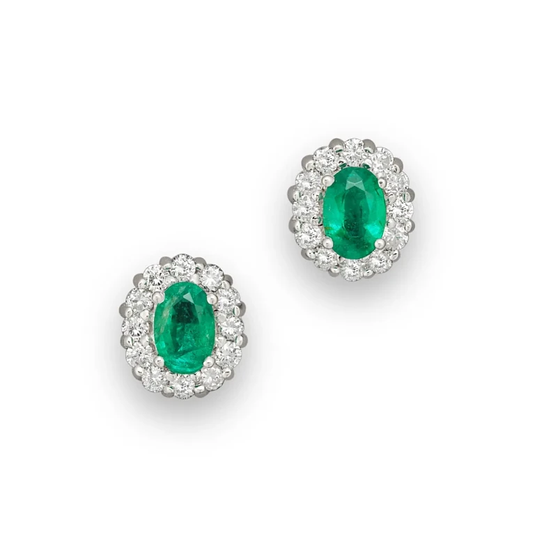 Emerald and Diamond Oval Stud Earrings in 14K White Gold