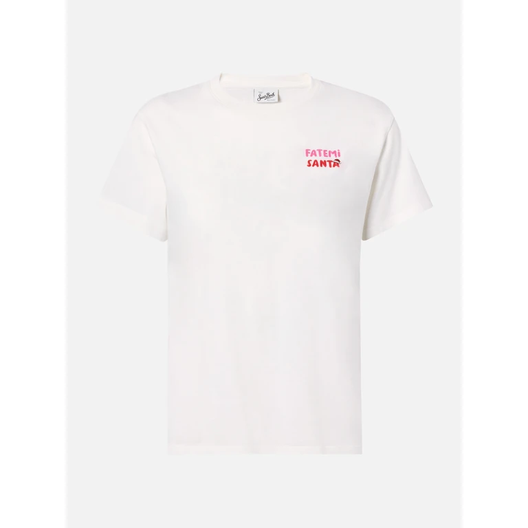 Mc2 Saint Barth Emilie Organic Cotton T-Shirt White With Fatemi Santa Embroidery - Women