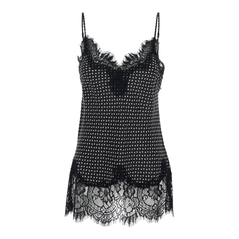 Gold Hawk Black V-neck Top With All-over Print And Lace Details In Fabric Woman