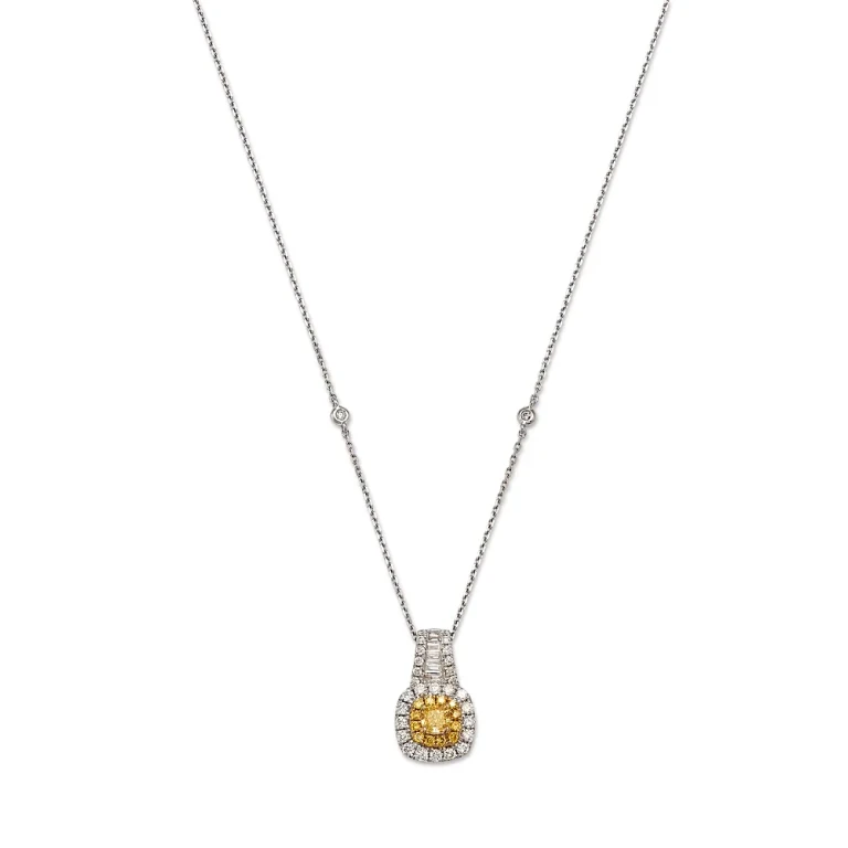 White & Yellow Diamond Halo Pendant Necklace in 14K Yellow & White Gold, 0.86 tcw