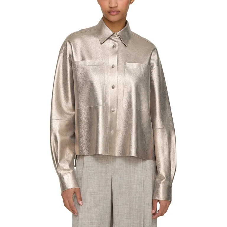 Lafayette 148 New York Cropped Leather Boyfriend Shirt