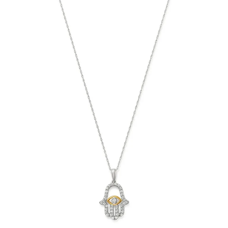 Diamond Hamsa Pendant Necklace in 14K Yellow & White Gold, 0.25 tcw