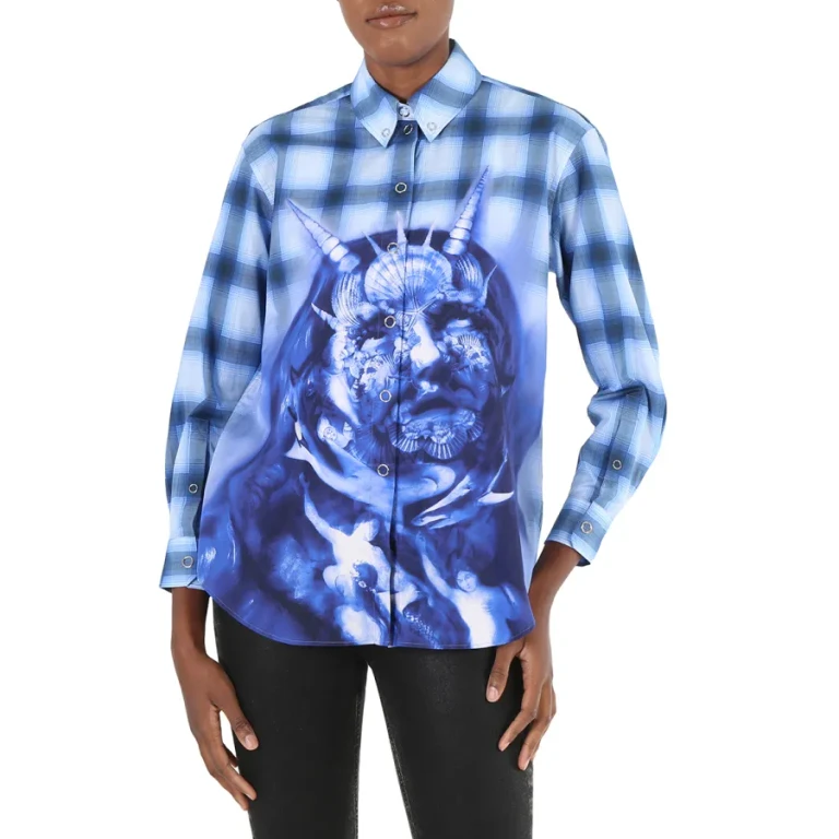 Burberry Ladies Ink Blue Sea Maiden Print Plaid Shirt