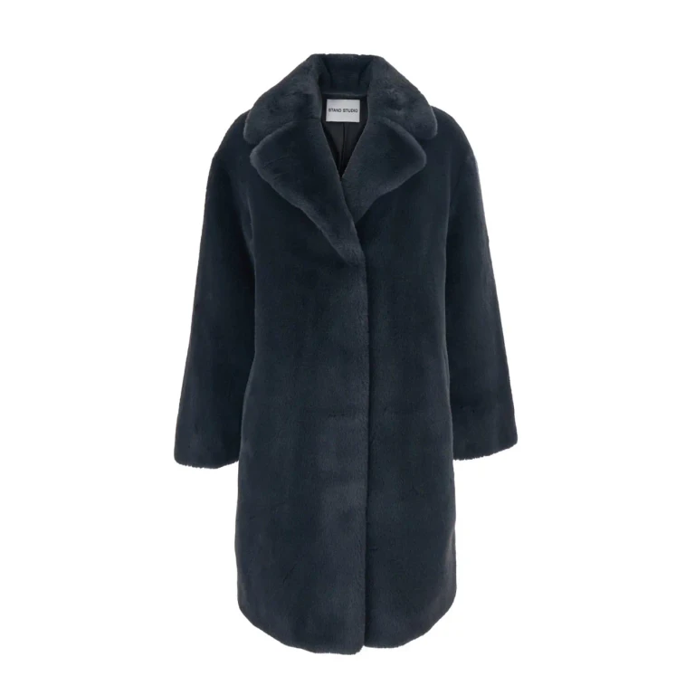 camille Grey Coat With Wide Notched Revers And Front Concealed Closure In Ecofur Woman