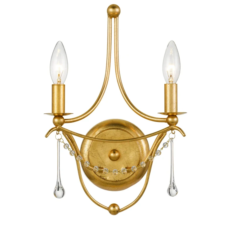 Metro 2-Light 15" Wall Sconce in Antique Gold with Clear Glass Beads Crystals