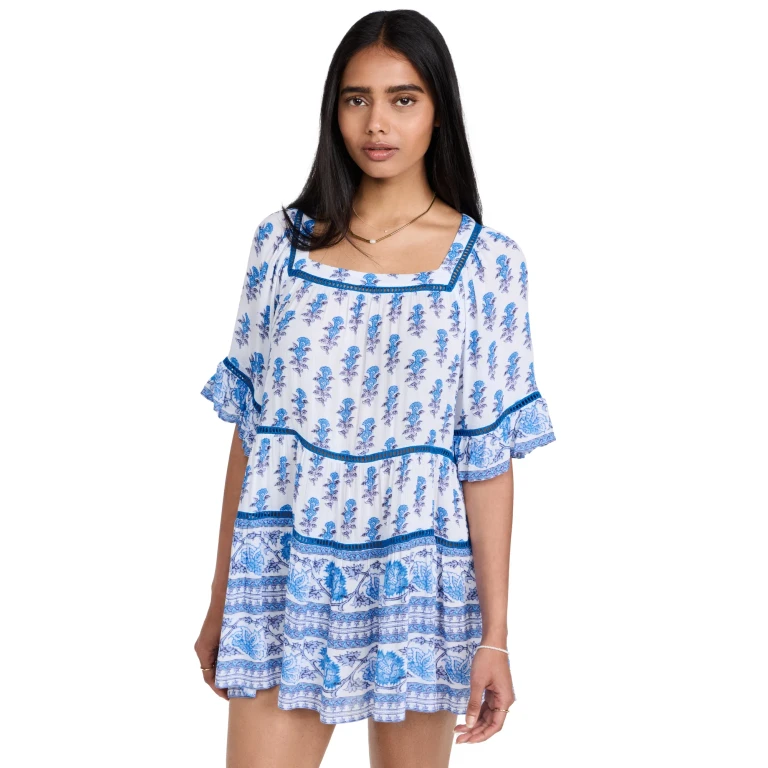 Playa Lucila Drop Waist Border Print Dress Blue Border Print L