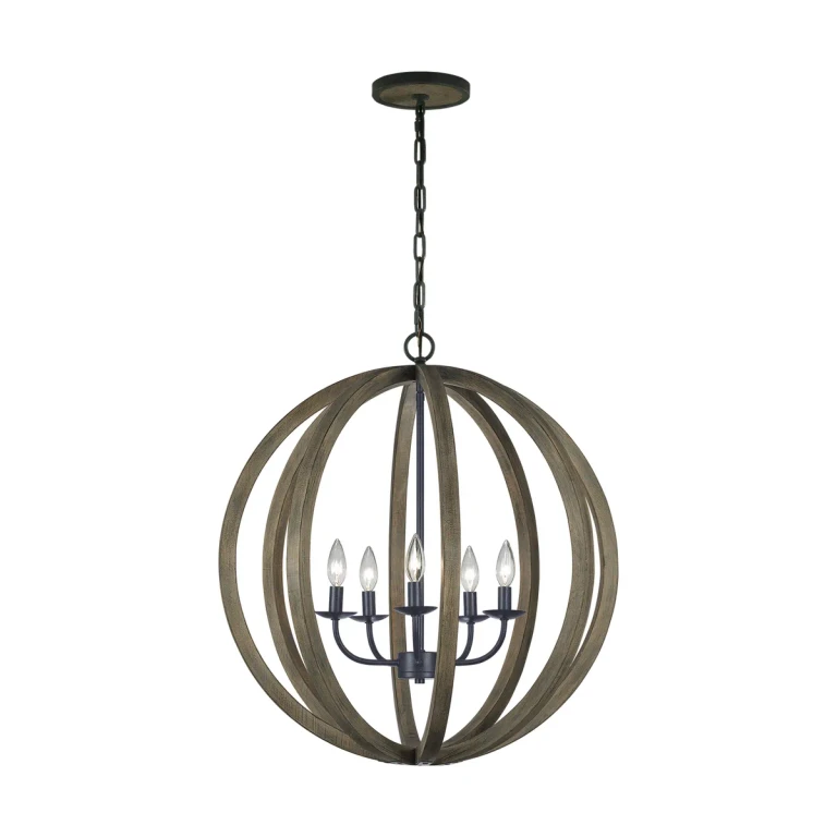 Visual Comfort Studio Allier 5-Light Pendant Light in Weathered Oak Wood And Antique Forged Iron by Sean Lavin
