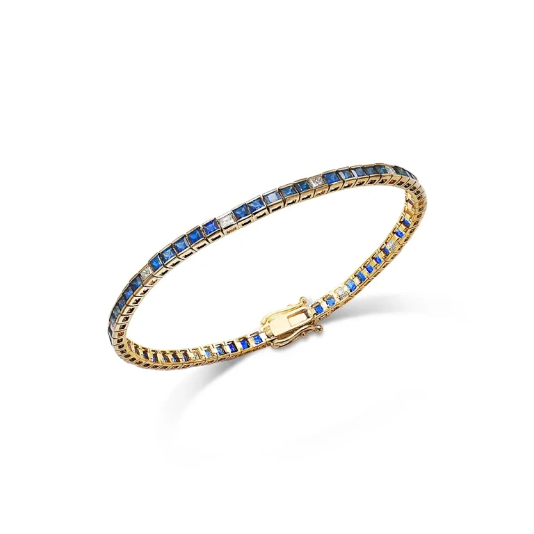 Blue Sapphire & Diamond Tennis Bracelet in 14K Yellow Gold