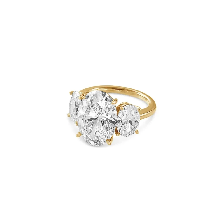 Certified Lab Grown Diamond Oval Three Stone Engagement Ring in 18K Yellow Gold, 10.45 tcw