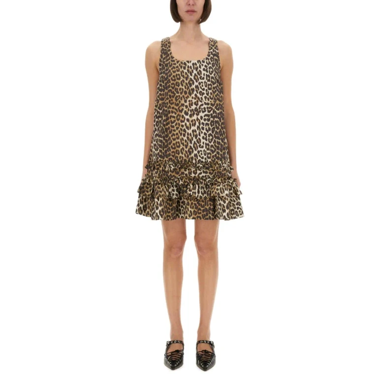 Ganni Printed U Neck Ruffled Dress