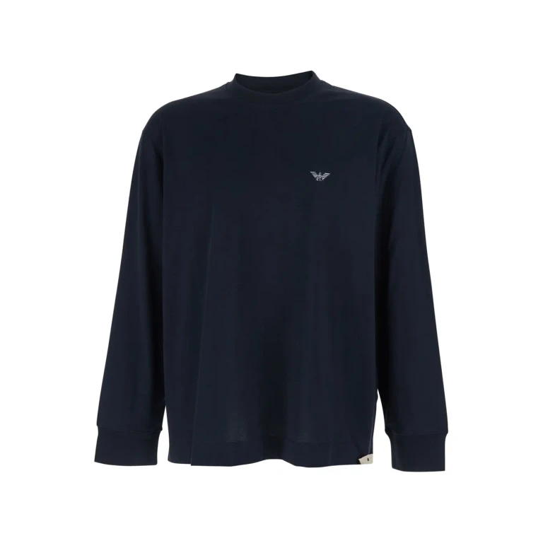 Emporio Armani Blue Long-sleeve Crewneck T-shirt With Logo Embroidery On The Front In Cotton Man