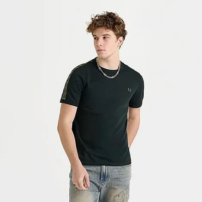 Men's Contrast Tape Ringer T-Shirt in Black/Night Green Size: Small