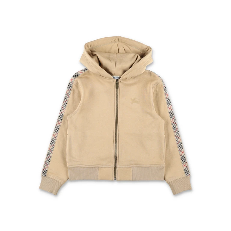 Burberry Kid - Cotton Zip Hoodie with Check Trim Sand Sweatshirt