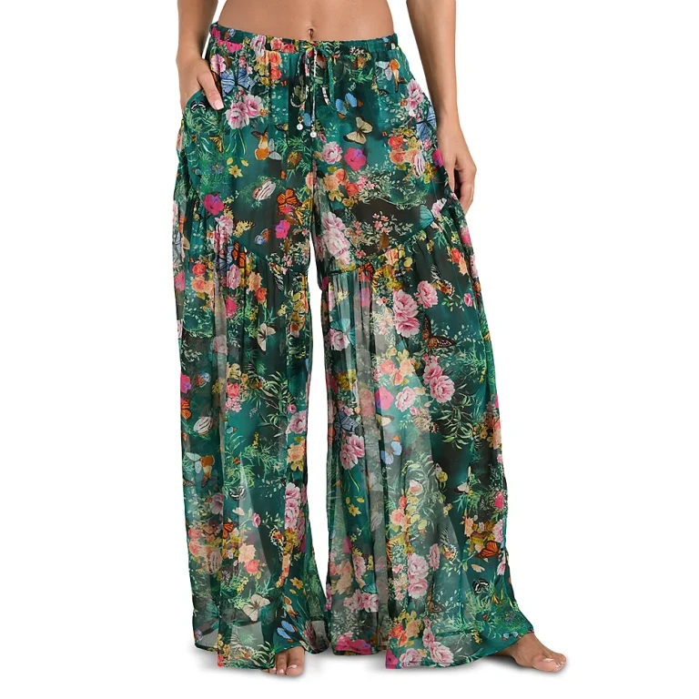 L'Agence Sharon Charonda Butterfly Sheer Wide Leg Pants Swim Cover-Up