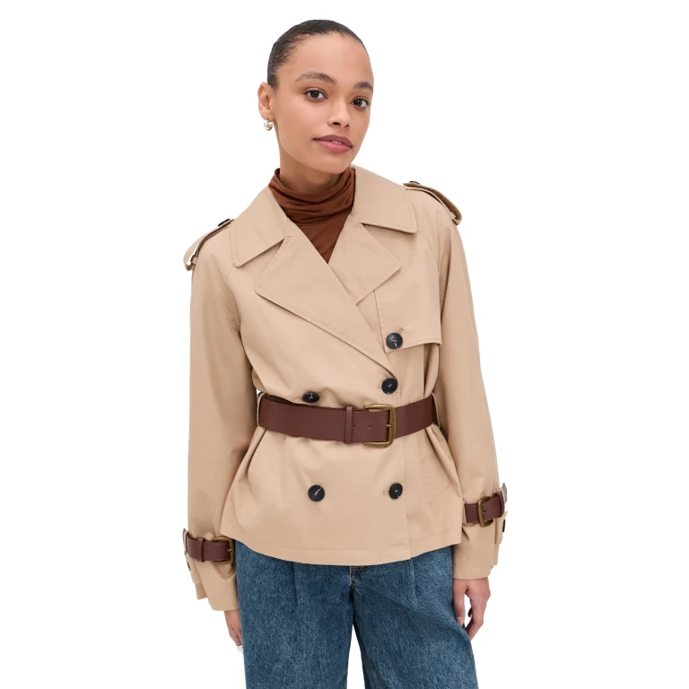 Avec Les Filles Short Trench Coat with Leather Belt Camel XS