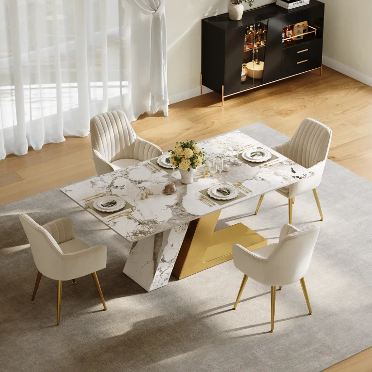 Luxotic Modern 63" White Dining Table for 6 Rectangle Sintered Stone & Stainless Steel