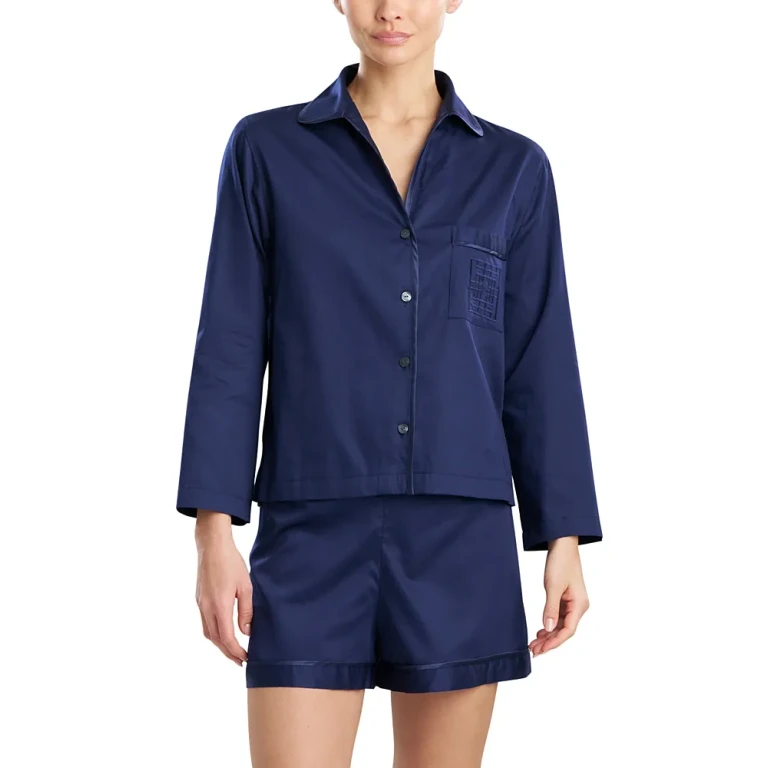 Natori Cotton Sateen Embroidered Essentials Notch Short Pajama Set