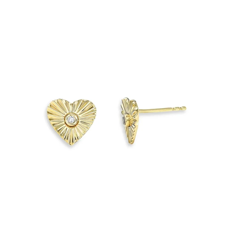 Zoe Lev 14K Yellow Gold Diamond Pleated Heart Stud Earrings