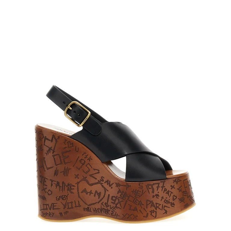 Chloé maxime Black Wedges With High Embossed High Wedge Heel And Crossover Strap On The Toe In Leather Womam