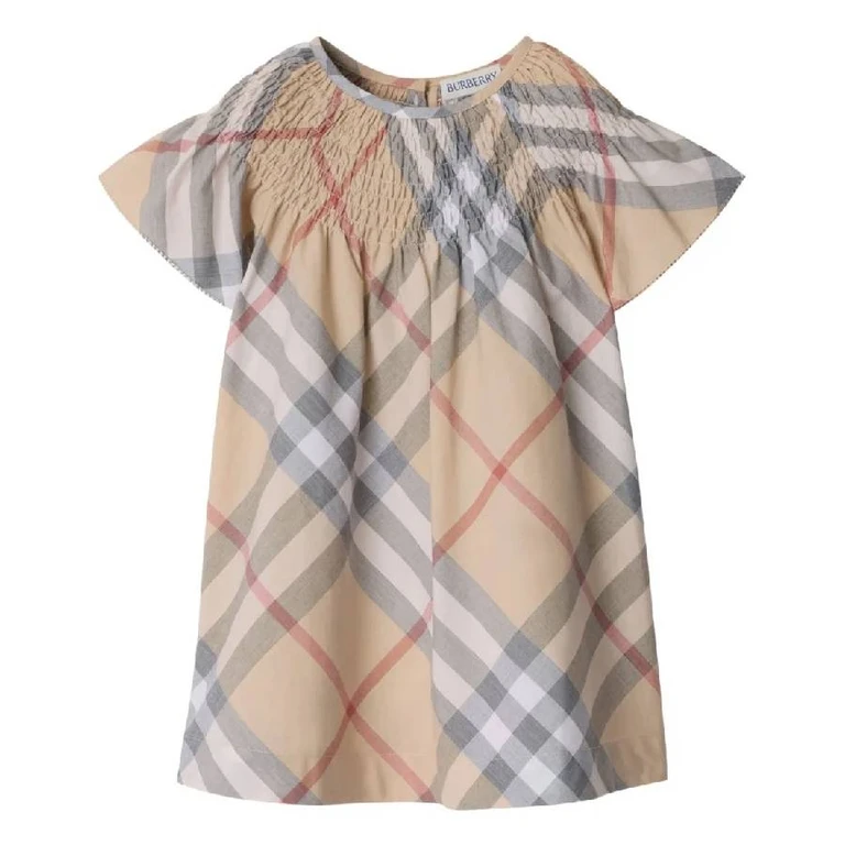 Burberry Girls Check Pattern Flare Sleeve Cotton Dress