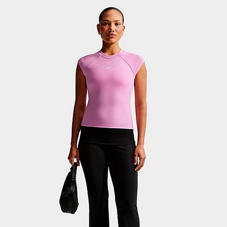 Nike Women's Sportswear Chill Knit Tight Short-Sleeve Ribbed Top in Light Magenta/Sail Size: XS