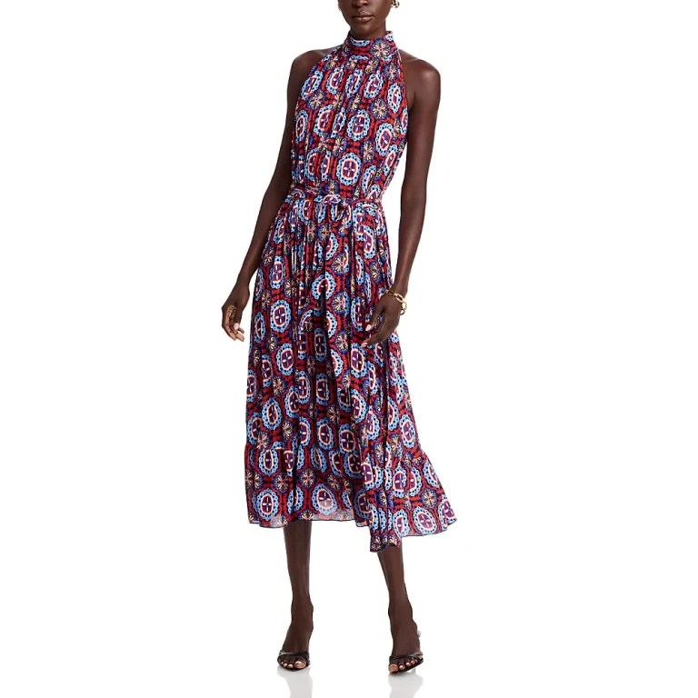 T Tahari Pleated Halter Neck Dress