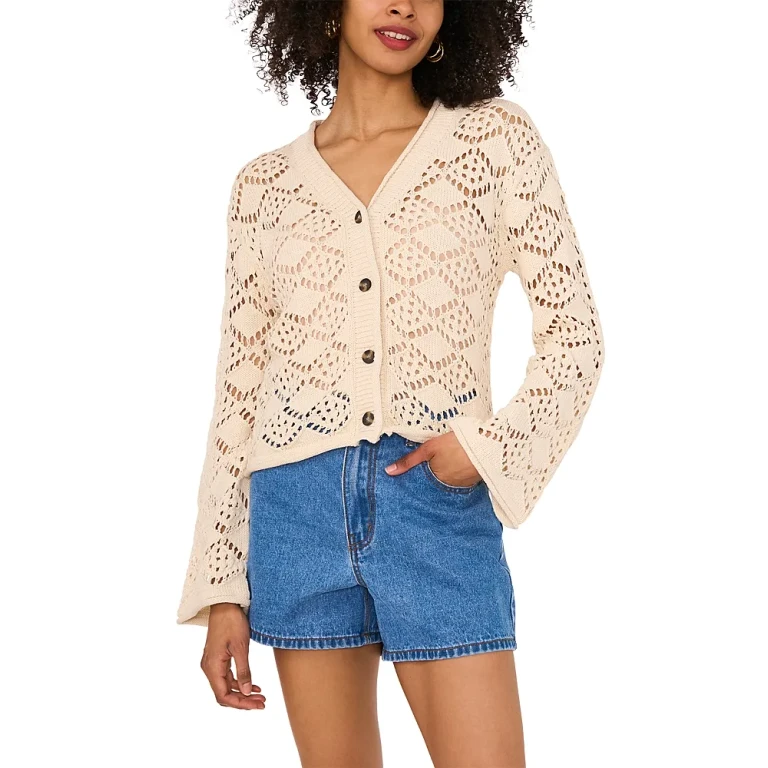 Vince Camuto Pointelle V Neck Long Sleeve Cardigan