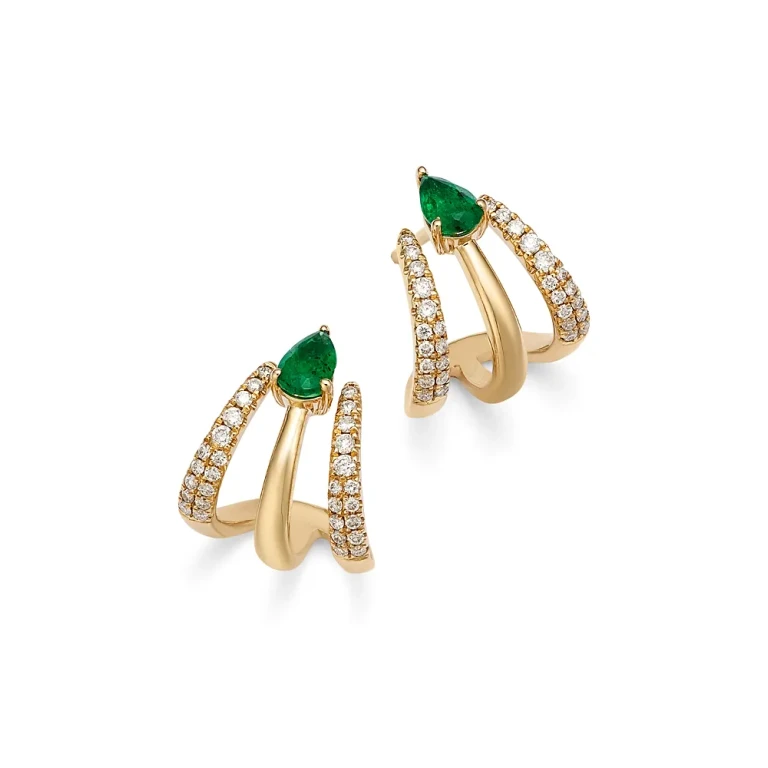 Emerald & Diamond Cuff Earrings in 14K Yellow Gold