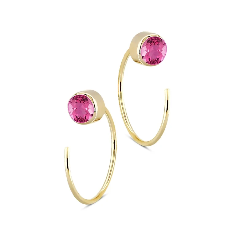 Pink Tourmaline Stud and Front Back Hoop Earrings in 14K Yellow Gold