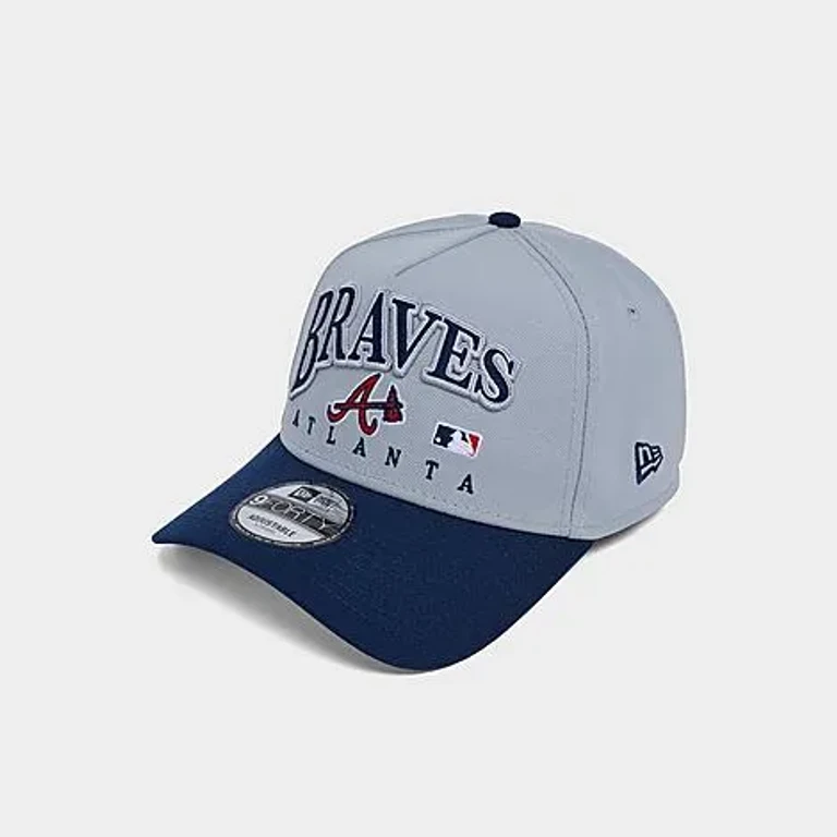 New Era Atlanta Braves MLB 9FORTY Embroidery Wordmark A-Frame Snapback Hat in Grey/Navy