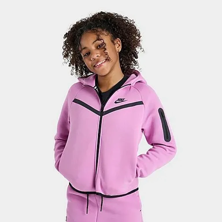 Nike Kids Girls' Sportswear Tech Fleece Full-Zip Hoodie in Light Magenta/Black Size: XS