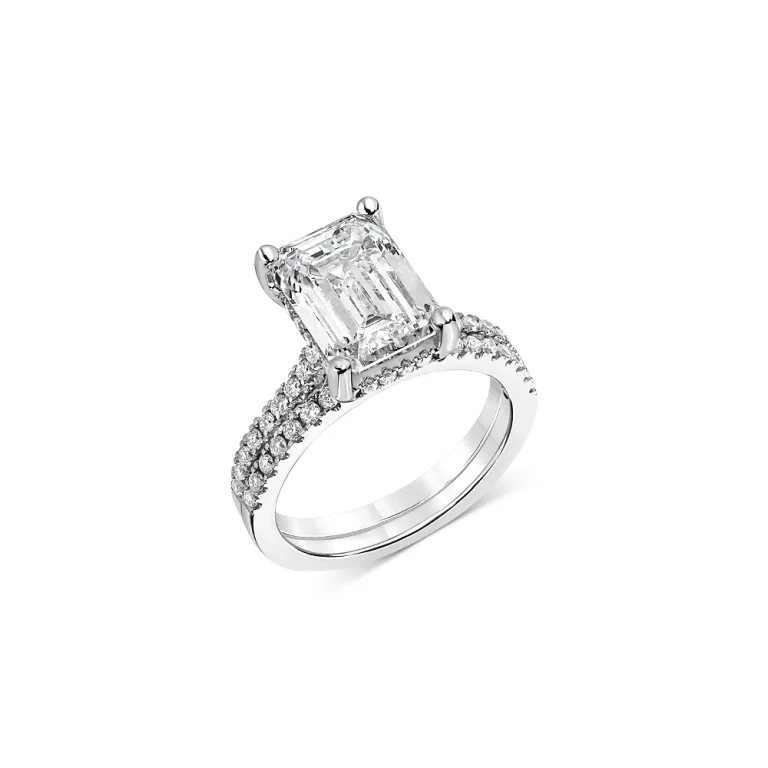 Certified Lab Grown Diamond Emerald Cut & Round Bridal Set in 18K White Gold, 4.50 tcw