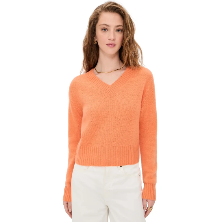 White & Warren Featherweight Cashmere V Neck Pullover Orange Fresco XS