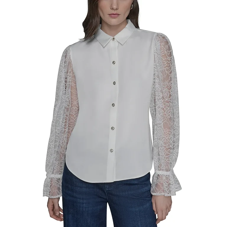 Karl Lagerfeld Paris Lace Sleeve Button Up Blouse