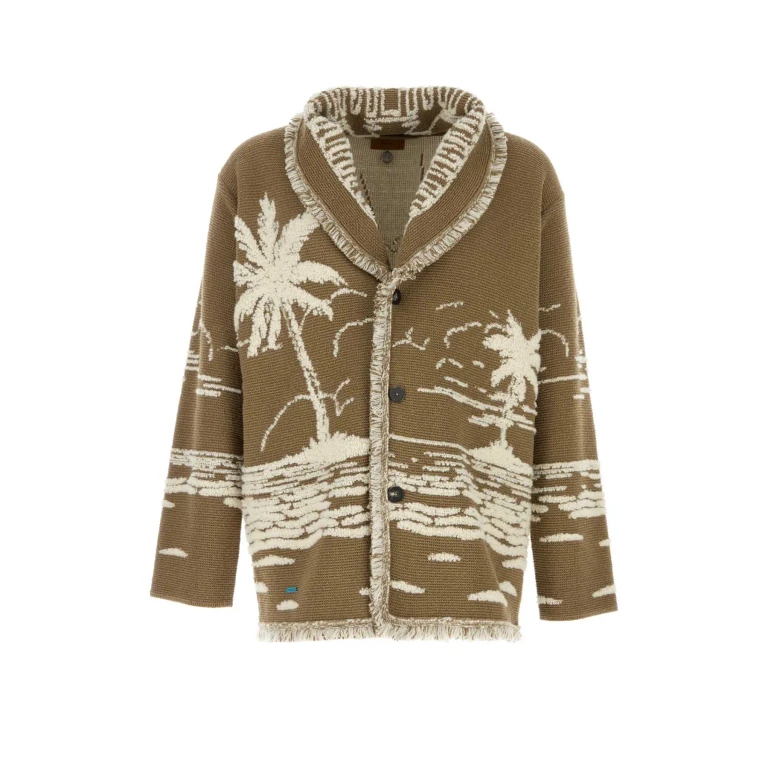 Alanui Embroidered Silk Blend Cardigan Khakiwhite Exterior: Cashmere Wool Maglieria - Men