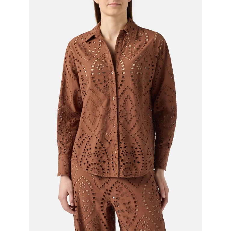 Mc2 Saint Barth Brown Broderie Anglaise Cotton Cristal Shirt Camel - Women