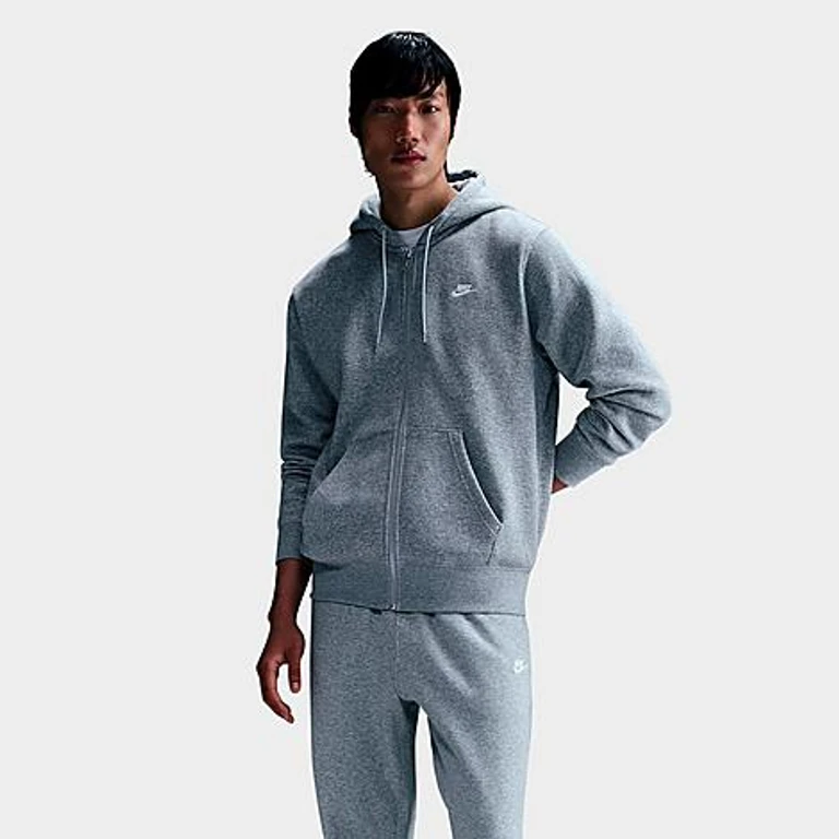 Nike Men's Club Fleece Embroidered Premium Full-Zip Hoodie in Dark Grey Heather/Light Smoke Grey/White Size: XS