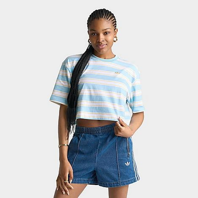 adidas Women's Originals Striped Oversized Cropped T-Shirt in Icey Blue/Orange Tint Size: XS
