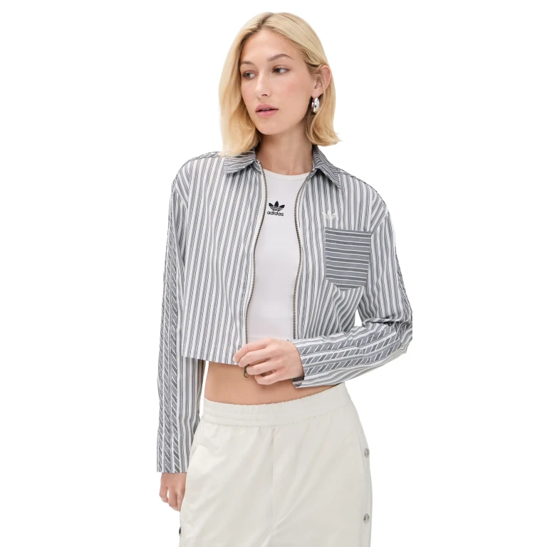 Adidas Stripe Crop Zip-Up Shirt Grey Three/Utility Black M